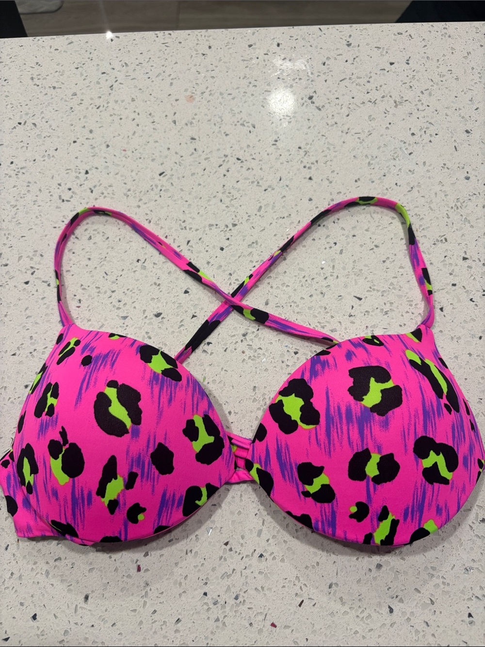 Neon Pink Leopard-Print Push-Up Bikini Top